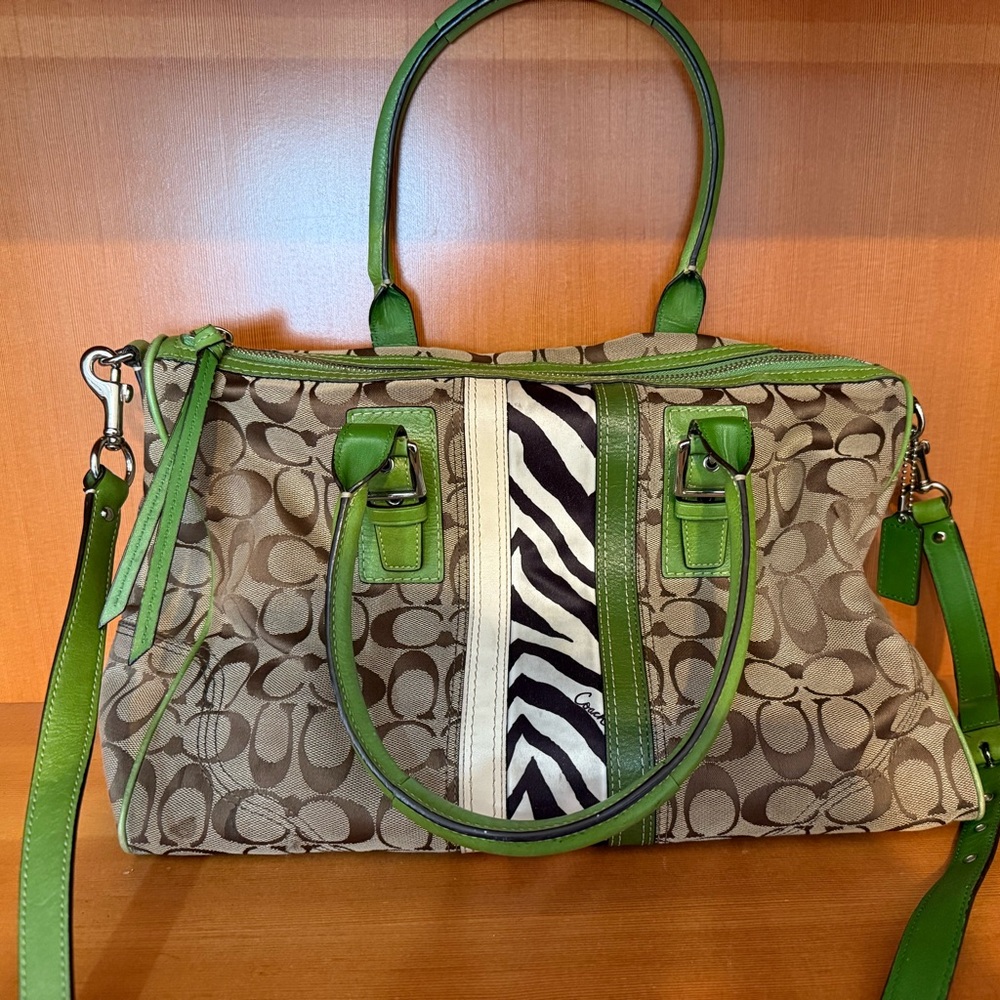 Coach Green and Tan Signature Satchel with Zebra Stripe